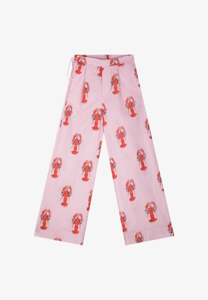 Weit geschnittene pinke Hose mit einem durchgehenden roten Hummerdruck und einem Taillendetail mit Kordelzug.