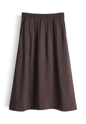 Brauner knielanger Rock mit elastischem Bund und dezenten Falten auf einfachem weißem Hintergrund.