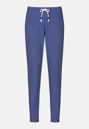 Pantaloni della tuta blu realizzati in tessuto morbido, con cintura regolabile, gambe affusolate e orli arrotolati. Nessun motivo o dettaglio aggiuntivo.