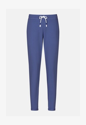 Blauwe sweatpants van zacht materiaal, met een tailleband met trekkoord, taps toelopende benen en opgerolde manchetten. Geen patronen of extra accenten.