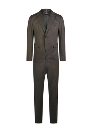 Donkergrijs maatpak voor heren met een colbert met enkele rij knopen, uitsnede revers, één knoopsluiting en bijpassende rechtgesneden broek.