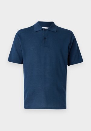 Navy blue short-sleeve polo shirt with two-button placket and classic collar on a light gray background.