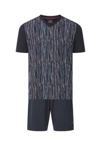 Herren-Zwei-Teil-Navy-Loungewear-Set mit kurzenÄrmeln, V-Ausschnitt und einem gemusterten vertikalen Streifendesign auf der Vorderseite des Shirts.