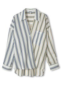 Blouse rayée avec des bandes alternées vertes, bleu marine et orange sur un fond blanc. Design ample avec une poche poitrine et un col.