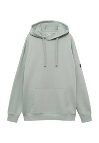 Ljusgrön hoodie i mjukt tyg, med en framficka, snören vid halsen och ribbade manschetter och fåll.