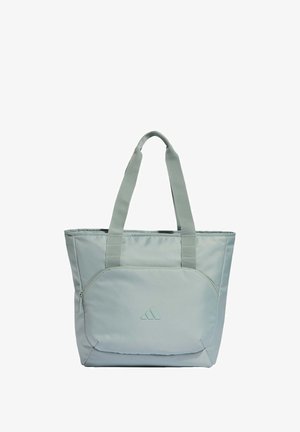 Hellgrüne Tragetasche aus glattem Stoff, mit zwei stabilen Griffen, einer vorderen Reißverschlusstasche und einem Markenlogo auf der Außenseite.