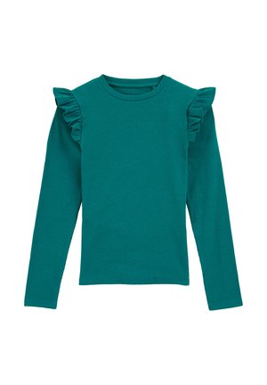 Cămașă din material ribbed, de culoare teal, cu mânecă lungă și guler rotund, cu detalii volan la ambele umeri, întinsă pe un fundal alb.