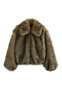 Brown faux fur cropped jacket with a wide collar and voluminous sleeves. Soft texture and slightly gathered hem detail at the bottom.