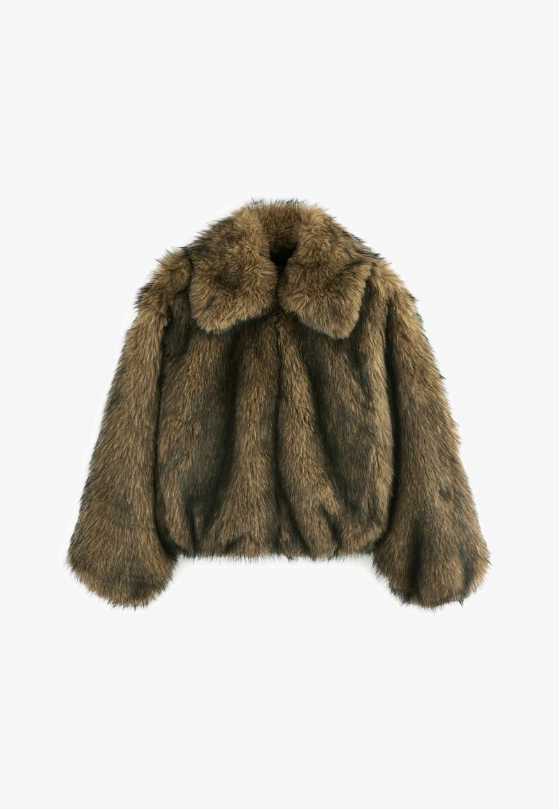 Brown faux fur cropped jacket with a wide collar and voluminous sleeves. Soft texture and slightly gathered hem detail at the bottom.