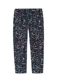 Pantalones de pijama azul oscuro con un patrón cósmico que incluye estrellas, planetas y constelaciones en tonos crema, rojo y rosa. Cintura elástica.