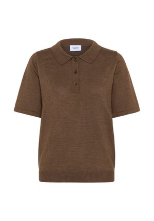 Polo shirt in maglia marrone con texture a coste, maniche corte, patta con tre bottoni e colletto classico. L'etichetta riporta "Saint."