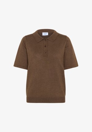 Polo shirt in maglia marrone con texture a coste, maniche corte, patta con tre bottoni e colletto classico. L'etichetta riporta "Saint."