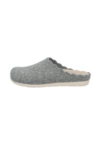 Gray felt clogs with a soft texture, scalloped edge design, and beige rubber sole, featuring a rounded toe and slip-on style.