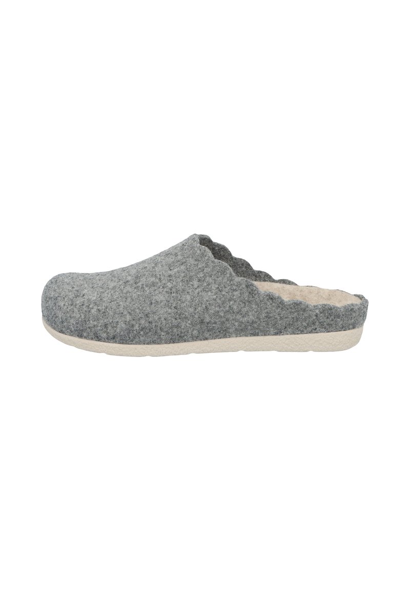 Gray felt clogs with a soft texture, scalloped edge design, and beige rubber sole, featuring a rounded toe and slip-on style.