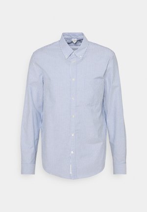 Lyseblå og hvide vertikalt striped langærmet skjorte med knappet krave, knapper foran, brystlomme og manchetter med knapper.