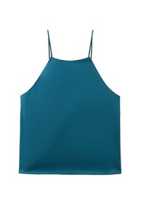 Tirkizni top bez rukava s tankim trakama, napravljen od glatkog materijala. Ima opušteni, ravni kroj s minimalnim detaljima šivanja.