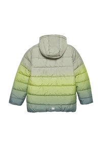 Gefütterte Jacke mit Kapuze, die ein Ombre-Design in Grün und Grau aufweist. Strukturierte, gestepfte Oberfläche und Logo an der unteren Vorderseite.