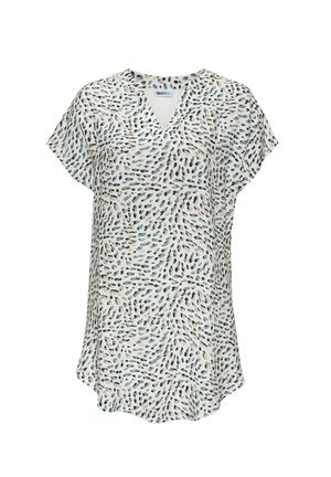 Kurzärmelige Bluse aus leichtem Material mit V-Ausschnitt, die ein welliges Muster in Dunkelblau und Beige auf hellem Hintergrund zeigt.