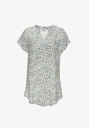 Blouse à manches courtes en tissu léger avec un col en V, présentant un motif ondulé bleu marine et beige sur un fond clair.