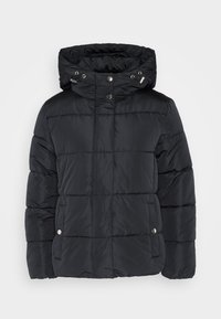 Svart jaktjakke med quiltet design, hette, trykknapper og sidelommer. Laget av et glatt, blankt materiale.