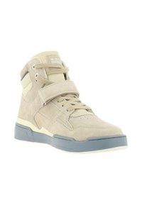Beige hoge sneakers met een bovenwerk van suède, rubberen zool en klittenbandsluiting. Voorzien van een gewatteerde kraag en een versterkte neus. Minimale accenten.