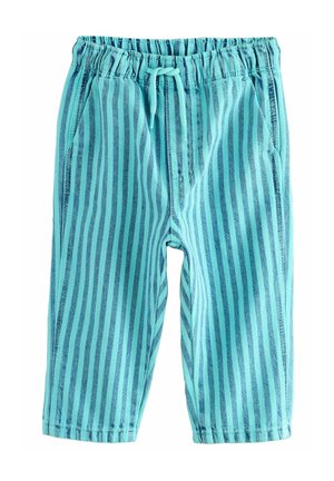 Pantalon à rayures verticales bleu et sarcelle avec taille élastique et cordon de serrage, doté de poches latérales et de jambes droites.