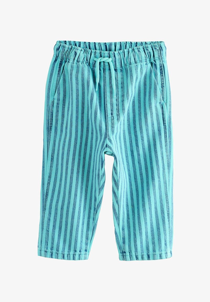 Pantalon à rayures verticales bleu et sarcelle avec taille élastique et cordon de serrage, doté de poches latérales et de jambes droites.