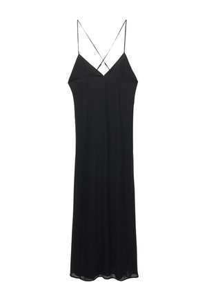 Zwarte satijnen slipdress met dunne verstelbare spaghettibandjes, een V-halslijn en een recht silhouet. Soepele textuur, vloerlang ontwerp.