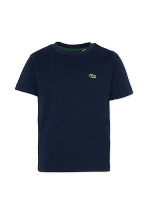 Marineblauw T-shirt met korte mouwen, een ronde hals en een klein groen krokodillenlogo op de linkerborst.