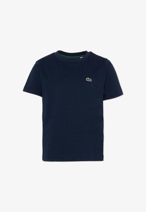 Marineblauw T-shirt met korte mouwen, een ronde hals en een klein groen krokodillenlogo op de linkerborst.