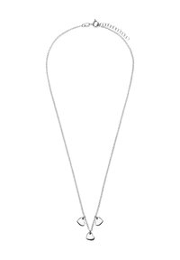 Zilveren ketting met een delicate schakeldesign en drie kleine hartvormige hangers die symmetrisch in het midden hangen. Verstelbare sluiting.