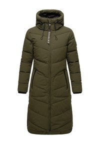 Olivgrön isolerad lång kappa med huva, dragkedja fram och två sidofickor. Har diagonalt kviltat mönster och svarta detaljer.