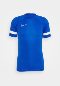 Blue short-sleeve athletic shirt made of lightweight fabric. Features white stripes on sleeves and a small white Nike logo on the chest.