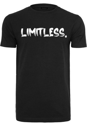 Black cotton T-shirt featuring bold, white text reading "LIMITLESS." Crew neckline, short sleeves, relaxed fit, smooth texture.