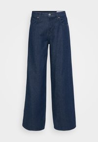 Pantalones de mezclilla de pierna ancha en azul oscuro. Cintura alta con cierre de botón, cinco bolsillos y detalles de costura en contraste. Textura suave.