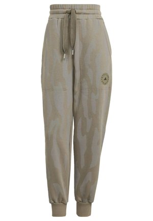 Beige joggerbroek met camouflagepatroon, elastische tailleband, aantrekkoord, zijzakken, geribde boorden en een rond logo op het bovenste gedeelte van de linker dij.