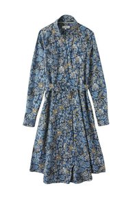 Robe à motifs floraux bleus avec des manches longues, un col et des boutons. Fabriquée en tissu léger avec une jupe fluide et une ceinture à nouer.