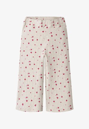 Kremfarvede ribstrikkede bukser med vide ben med pink og rødt hjerteprint og elastisk taljebånd, designet til småbørn eller små børn.