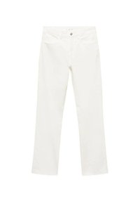 Bijele traperice s ravnim krojem, koje imaju pet džepova, zakopčavanje na dugme i sirovi rub na gležnjevima.