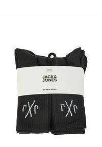 Schwarze, baumwollreiche Socken im 20er-Pack, mit gerippter Textur und weißem gesticktem Logo auf jeder Socke. Verpackt mit einem Papierband.