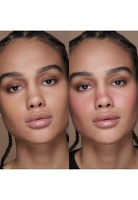 Två närbilder på ansikten, den ena med nakna läppar och naturlig hudton, den andra med tillagd rosig rodnad på kinderna och näsan.