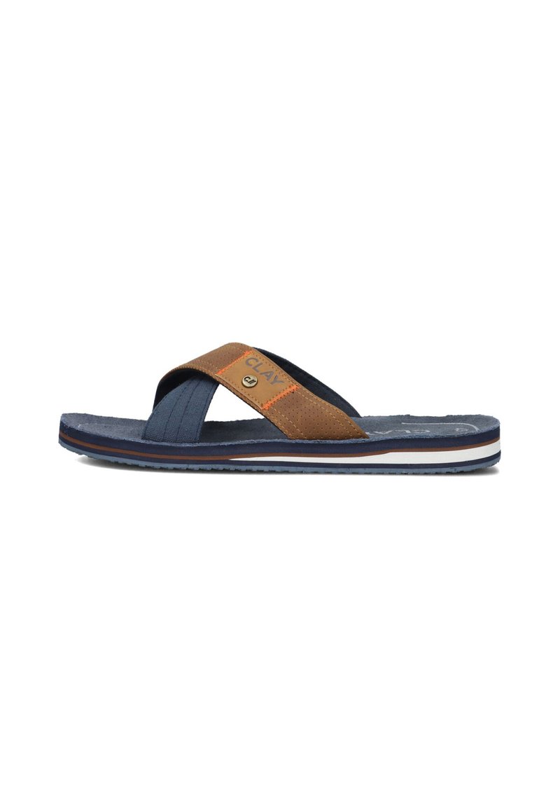 Bruine en marineblauwe flip-flop sandaal met geperforeerde band, gestructureerde voetbed en gelaagde zool met witte en marineblauwe strepen. Bedrijfslogo weergegeven.