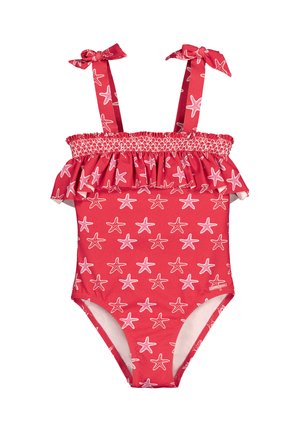 Bañador rojo de una pieza con patrón de estrellas de mar blancas, borde superior con volantes y tirantes atados en los hombros.