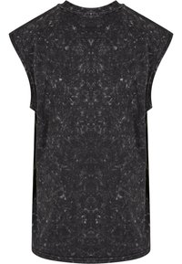 T-shirt noir sans manches avec texture marbrée, encolure arrondie et coupe ample. Le tissu semble doux avec un aspect légèrement usé.
