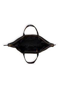 Sac fourre-tout en cuir noir avec une large ouverture, fermeture éclair dorée et deux poignées. L'intérieur est doublé de tissu noir et comprend une petite poche zippée.