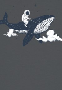 Illustratie van een astronaut die op een walvis rijdt, tegenover een donkere grijze achtergrond met sterren en wolken in witte en blauwe tonen.