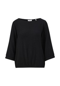 Blouse noire texturée avec manches 3/4, large encolure ronde et coupe ample, conçue pour une tenue décontractée ou semi-formelle.