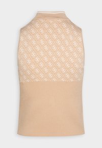 Top senza maniche in morbido tessuto beige chiaro, caratterizzato da un motivo bianco di iniziali interconnesse nella sezione superiore e una parte inferiore beige uniforme.