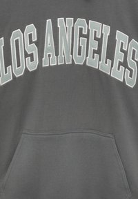 Sweat-shirt gris avec poche avant et grandes lettres cousues bleu clair et blanc formant le mot Los Angeles sur la poitrine.