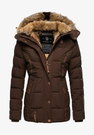 Brown puffer jacket featuring a fur-lined hood, zip pockets, quilted texture, adjustable cuffs, and logo accents on the sleeve and hem.